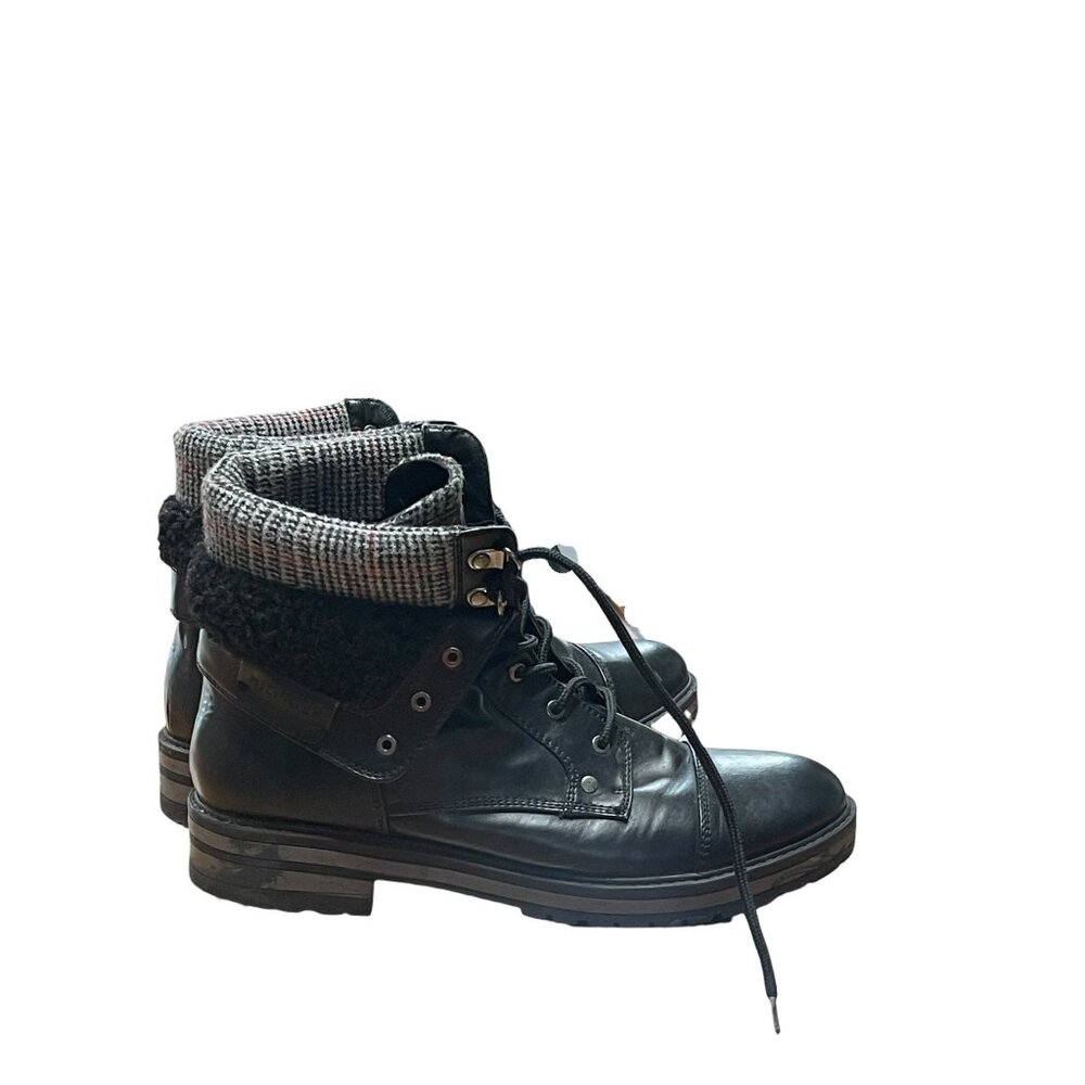 Tommy Hilfiger Women's Black Leather Lace-Up Boots With Plaid & Faux Fur Size 10